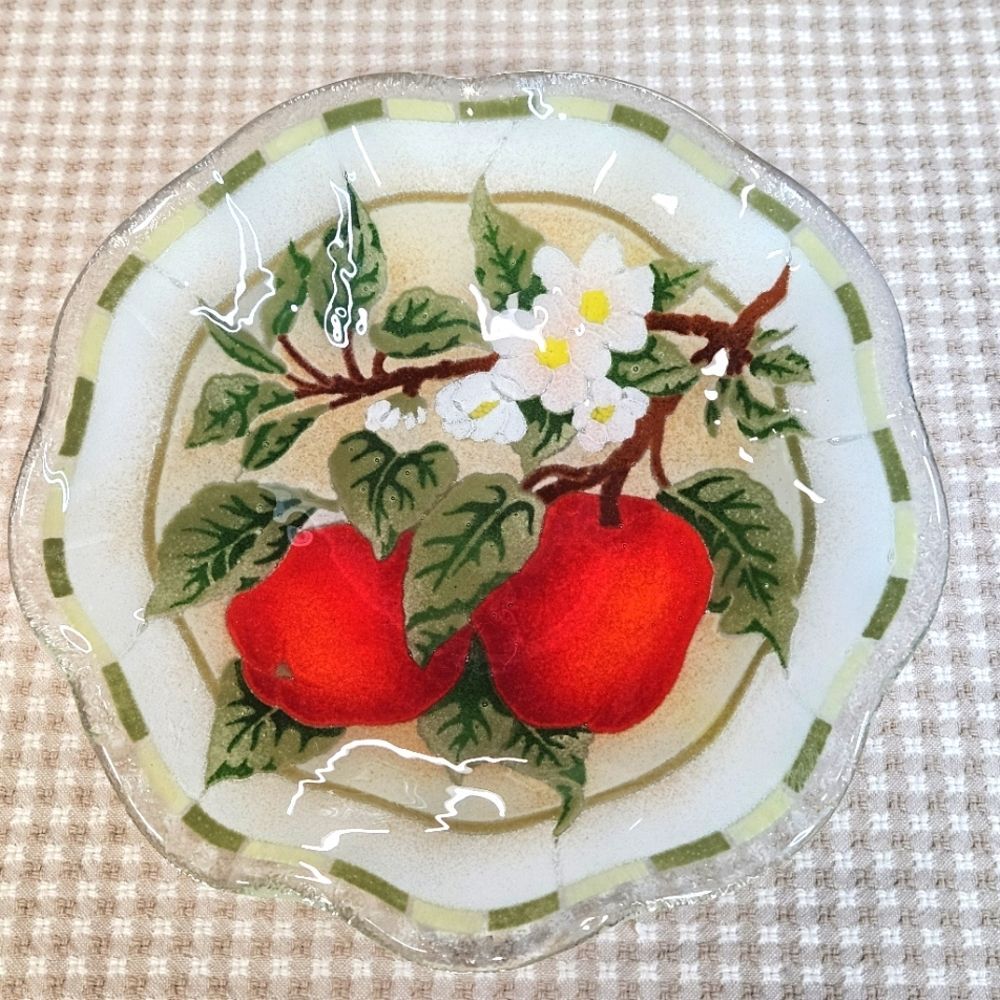 Vintage Peggy Karr Apple Blossom Ruffled Edge Fused Glass Food Safe Signed Bowl